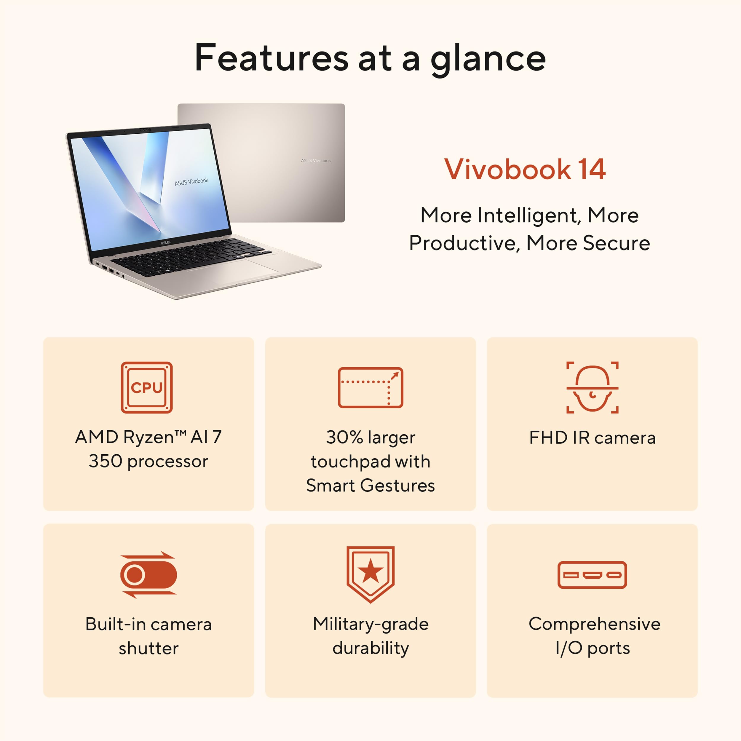 ASUS Vivobook 14 Laptop, Copilot+ PC, 14” WUXGA 60Hz Display, AMD Ryzen AI 7 350 with XDNA NPU, AMD Radeon Graphics, 16GB RAM, 512GB SSD, Platinum Gold, M1407KA-PS74