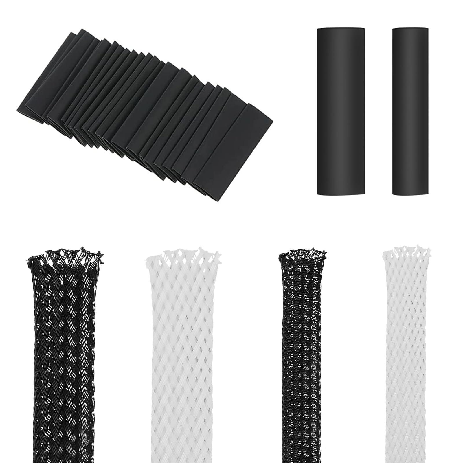 4roll 3m/roll PET Expandable Braided Cable Wire Sleeving 10/20mm Cable Wrap Snake Cord Protector for Audio Video Home Device Cable Automotive Wire(black，white)