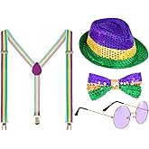 Sucrain 4PCS Mardi Gras Accessories Set Include Sequin Hat Sequin Bow Tie Sunglasses Suspenders for Men Costume Outfit Carnival Party