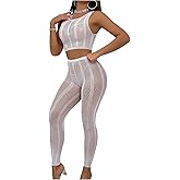 OYOANGLE Women's 2 Piece Lingerie Set Hollow Out Fishnet Crop Tank Top and Leggings Nightwear