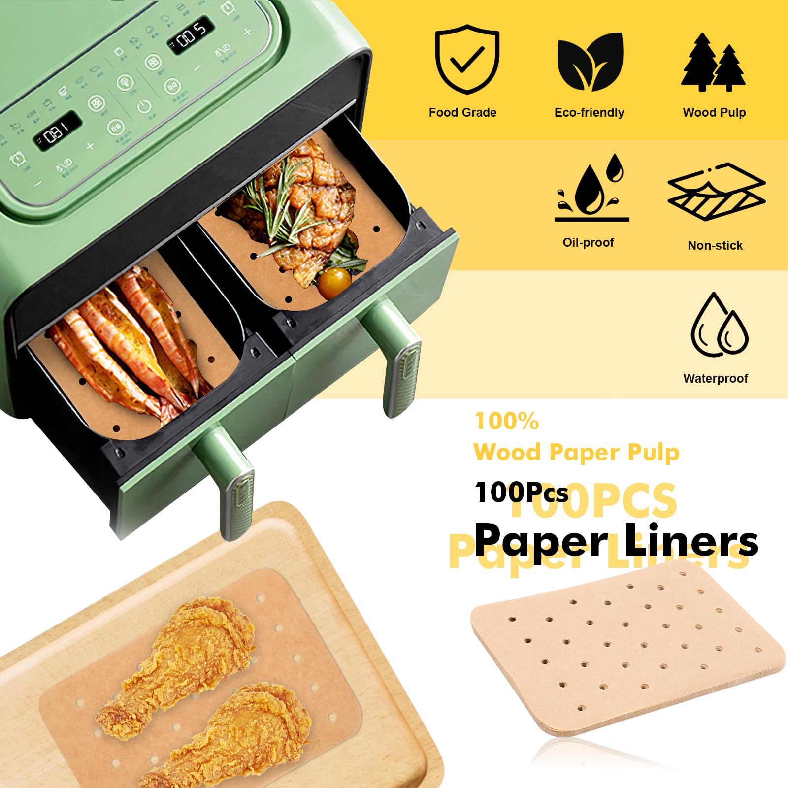 Dual Basket Air Fryer Accessories for Ninja Foodi DZ201 DZ100 SL201 & Other 8QT-10QT 2-Basket DualZone Air Fryers, Come with Air Fryer Rack Set, 100Pcs Paper Liners, Silicone Brush & Tongs