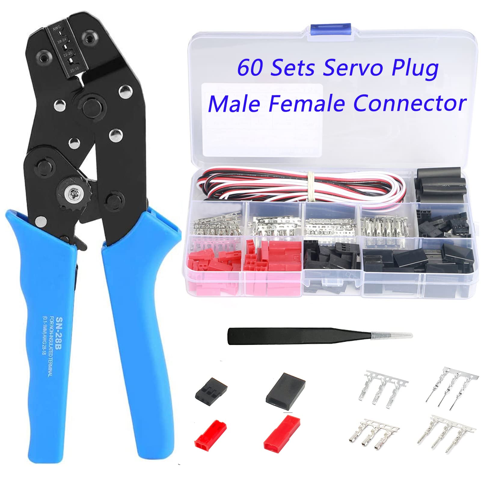 60 Sets JST Servo Connector Kits Plug Male Female Crimp Pin Cable with SN-28B Dupont Crimping Tool 0.1-1.0mm ²(AWG28-18) Compatible JST SYP servo Wire Cable for RC Car Hitec Spektrum Model Airplanes