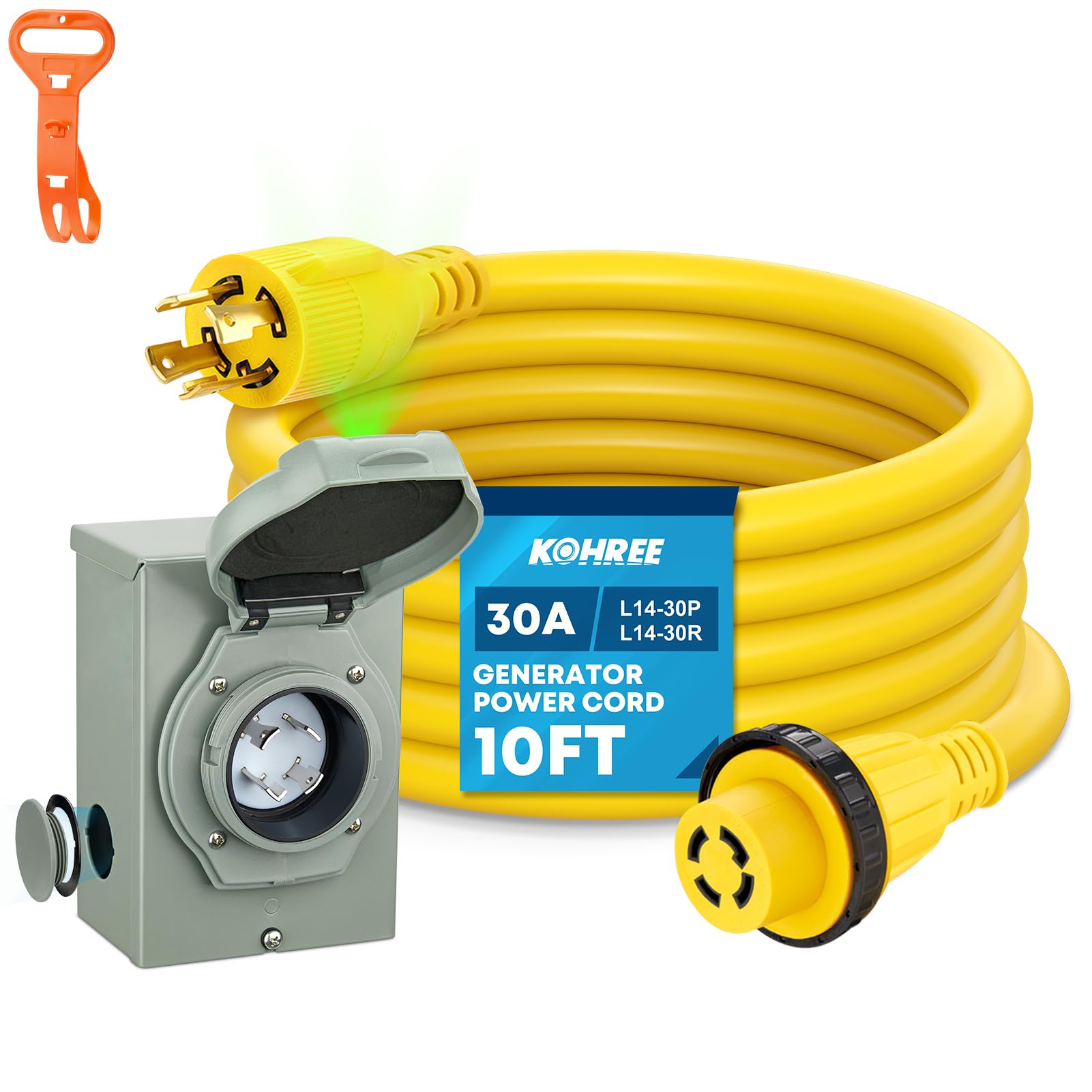 Photo 1 of Kohree 10 Feet 30 Amp Generator Cord and Power Inlet Box Kit, 4 Prong NEMA L14-30P to L14-30R Generator Extension Cord, 30Amp Pre-Drilled Inlet Box with Cord Waterproof Combo Kit, 125/250V, ETL Listed