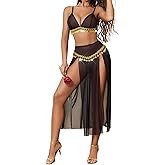 Avidlove Lingerie for Women Rave Outfits for Festival Sexy Costume Outfit Mesh Sheer Bra Top High Waist Split Maxi Skirt