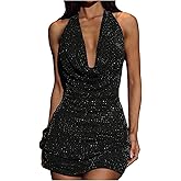 OYOANGLE Women's Rhinestone Sequin Sparkly Cocktail Party Mini Dress Sleeveless Halter Ruched Glitter Club Wear Outfits