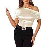 VIDUSSA Off Shoulder Tops for Women - Silk Satin Blouse Dressy Casual Short Sleeve Ruched Asymmetrical Summer Shirts
