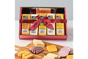 WB WISCONSIN'S BEST Wisconsin Cheese Company - Specialty Cheese & Summer Sausage Holiday Gift Box - 100% Wisconsin Gouda, Smoked Cheddar, Salami, Tomato Basil Cheddar, Swiss (Pack of 5 Blocks) | Perfect for Parties, Charcuterie Boards, and Holiday Gifts