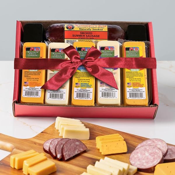 WISCONSIN CHEESE COMPANY – SPECIALTY CHEESE & SUMMER SAUSAGE GIFT BOX – 100% WISCONSIN GOUDA, SMOKED CHEDDAR, SALAMI, TOMATO BASIL CHEDDAR, SWISS (PACK OF 5 BLOCKS) | PERFECT FOR PARTIES, CHARCUTERIE BOARDS, AND HOLIDAY GIFTS