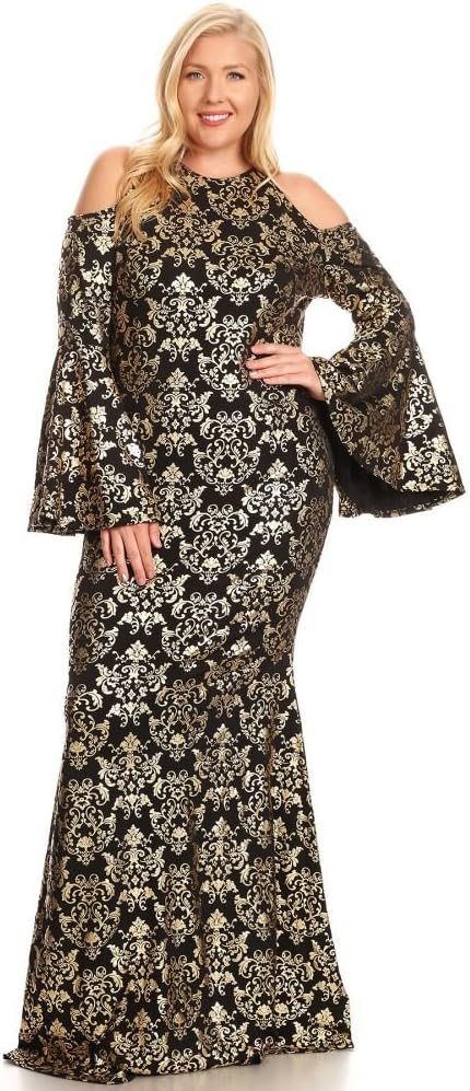 Cranberry Palace Fashion Black Gold Floral Damask 2165 Bell Sleeves Hourglass Mermaid Gown Maxi Dress Plus