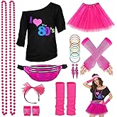 WILDPARTY 80s Costume Accessories for Women, T-Shirt Tutu Fanny Pack Headband Earring Necklace Fishnet Gloves Legwarmers