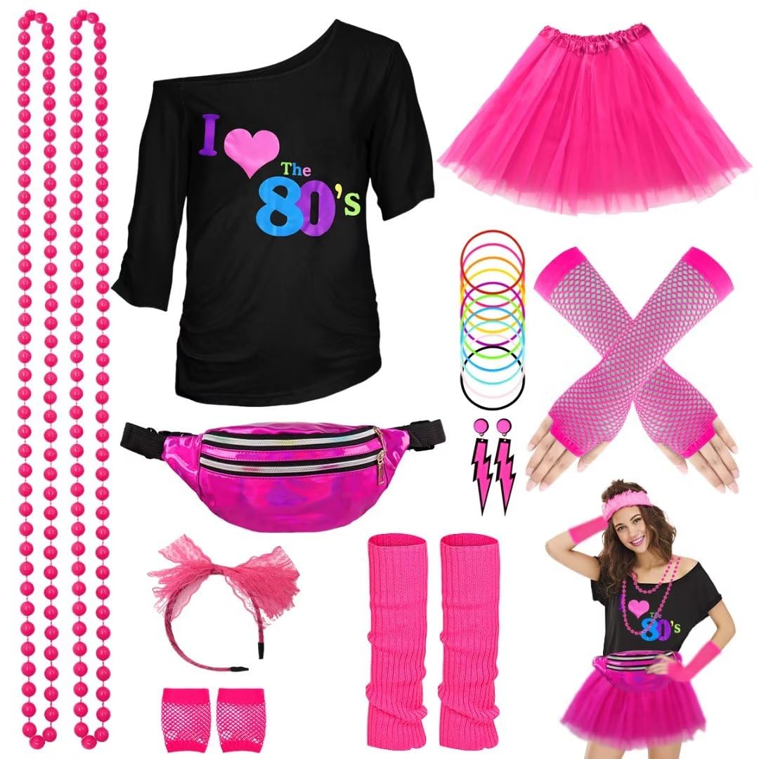 Photo 1 of WILDPARTY 80s Costume Accessories for Women, T-Shirt Tutu Fanny Pack Headband Earring Necklace Fishnet Gloves Legwarmers 80s Party (Pink-Love XXXL) Clothes-80SLove-Pink-3XL Made in China