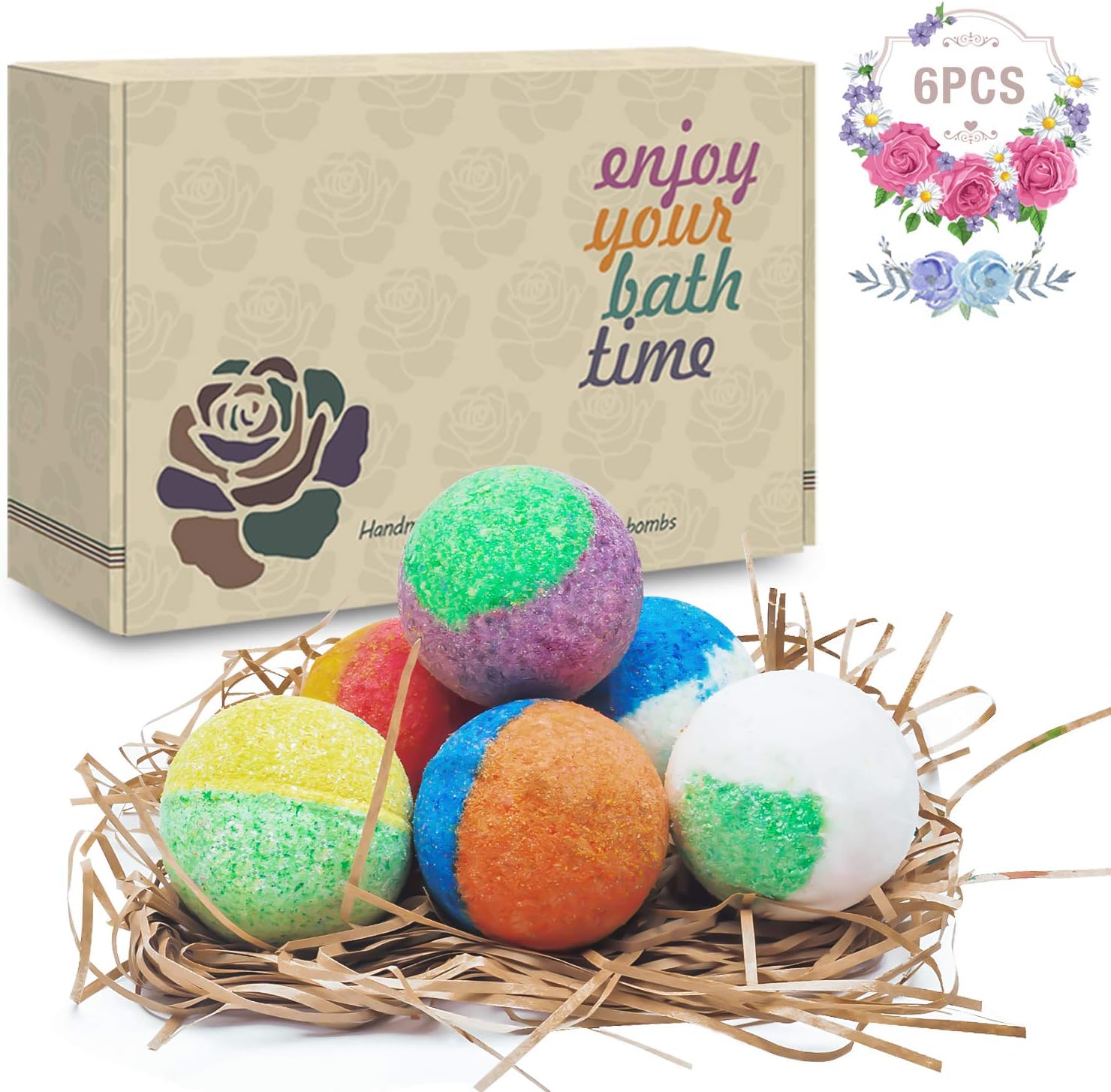 6 Organic & Natural Bath Bombs, Handmade Bubble Bath Bomb Gift Set, Rich in Essential Oil, Shea Butter, Coconut Oil, Grape Seed Oil, Fizzy Spa to Moisturize Dry Skin, Perfect Gift idea for Women.: Health & Personal Care