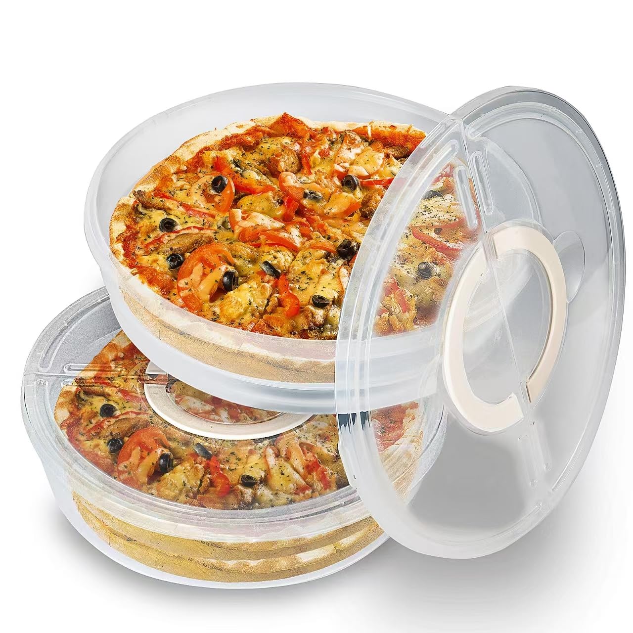 Photo 1 of 2 Pack 12inch Food Storage Container with Lid and Handle, Reusable 2 Compartments Pizza Slice Storage Container, Round Clear Pie Carrier Leftover Pizza Keeper for Cake Cheesecake Tortilla Pastry