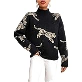 GORGLITTER Women's Mock Neck Leopard Pattern Sweater Long Sleeve Drop Shoulder Knit Pullover Top