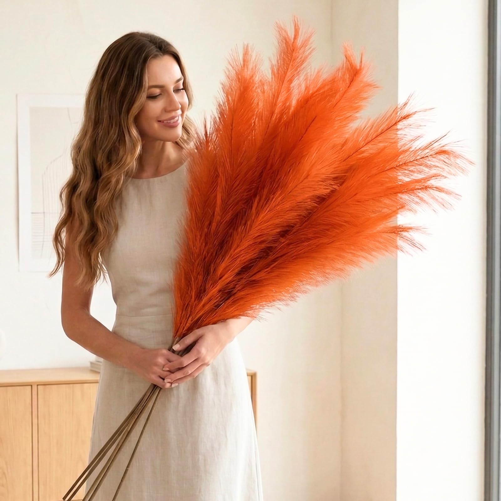 Faux Orange Pampas Grass For Large Floor Vase and Ornaments, 3 stems Decorative Artificial Flora, Autumnal Decorations Accessories, Autumn Stems Wedding Decorations, Burnt Orange Decor Long Feathers