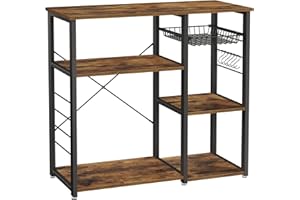 VASAGLE Baker's Rack, Coffee Bar Stand with Charging Station, 33 Inches Tall, Storage Shelves, Pull-Out Wire Basket, Table for Microwave, Kitchen, Rustic Brown and Ink Black UKKS90X