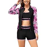 SHEKINI Women Three Piece Rash Guard Long Sleeve Swim Shirts with Boyshorts and Bra Swimsuit Zip Up Surfing Bathing Suit