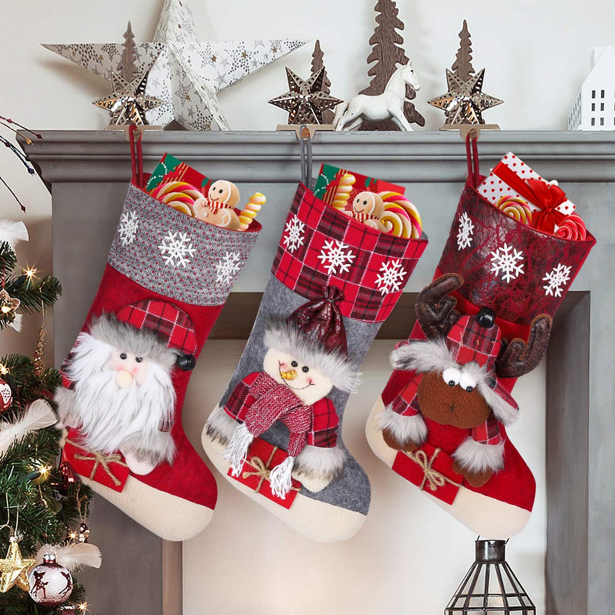 Toyvian Christmas Stocking,Big Size 3PCS 20 Christmas Stocking Snowman Elk Santa Claus Xmas Character 3D Plush for Family Holiday Christmas Party Decorations