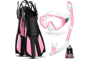 Odoland 4 in 1 Snorkel Set Adult, Snorkeling Packages with Dry Top Diving Mask, Adjustable Swim Fins, Mesh Bag, Anti-Fog Anti