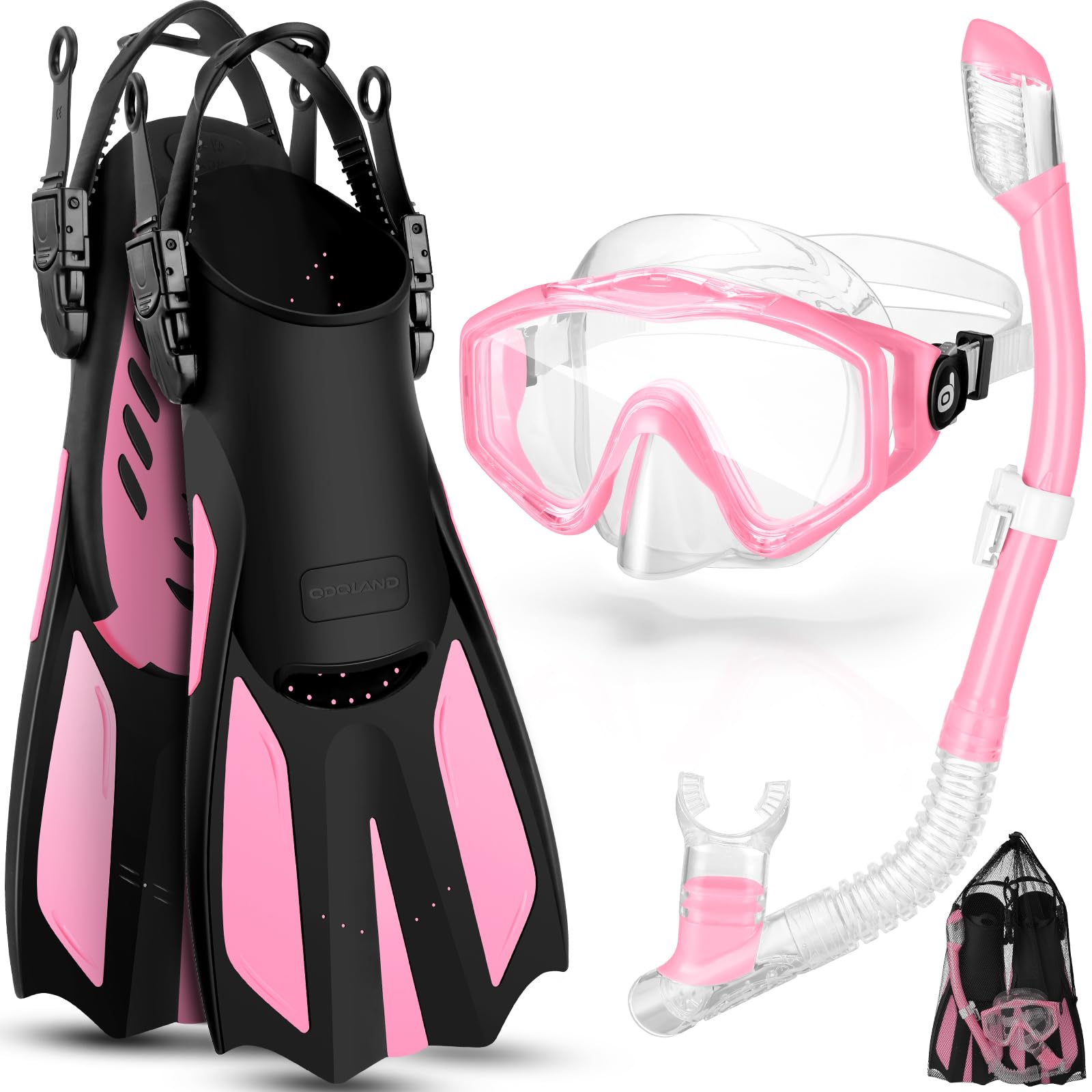 Snorkel Set for Adults, Anti-Fog Diving Mask with Dry Top Snorkel & Swim Fins, Wide View Scuba Flippers Snorkeling Gear for Men Women Youth Pink M