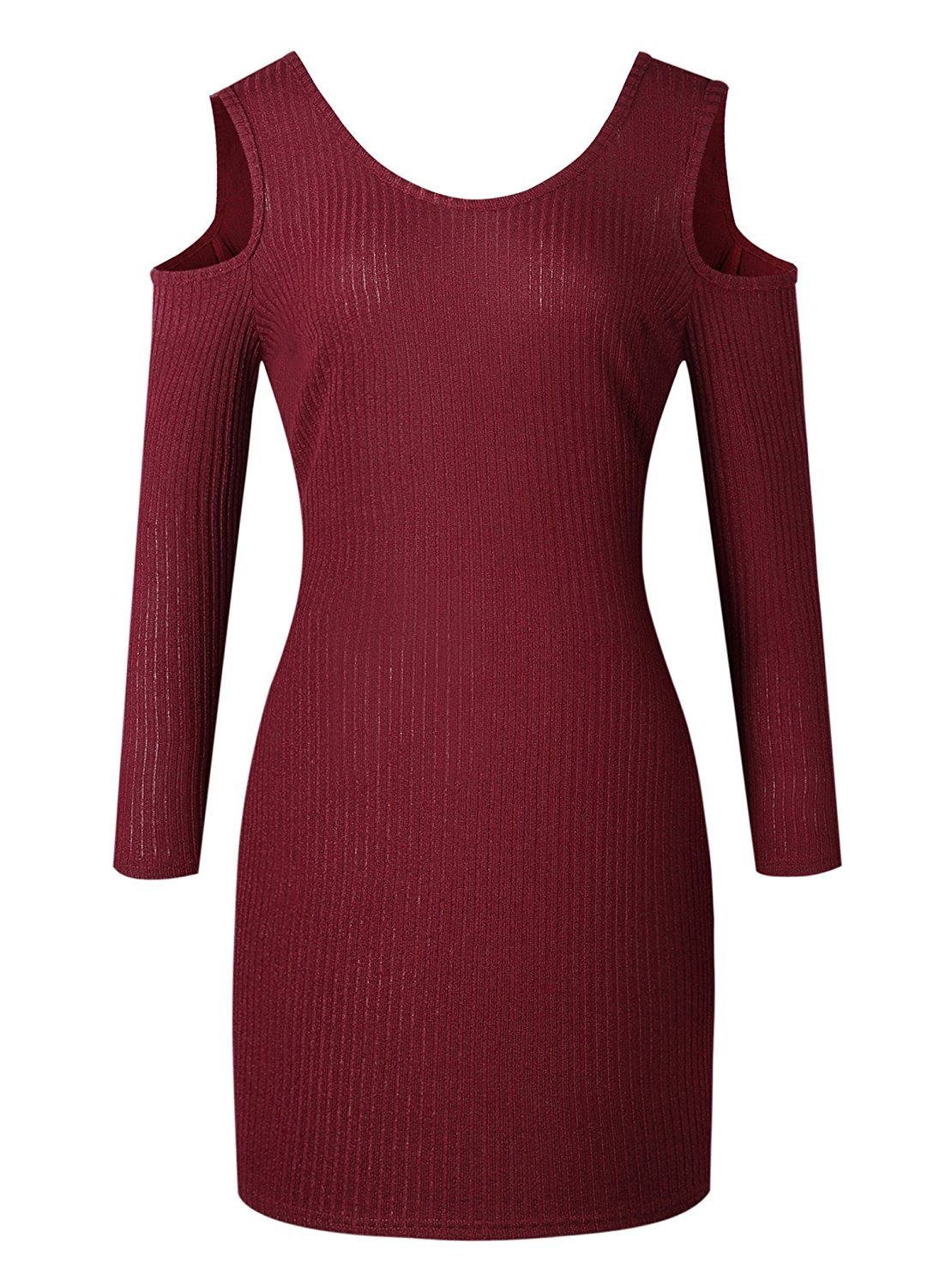 Ninimour Womens Sexy Knitted Cold Shoulder Bodycon Mini Dress Wine Red XL