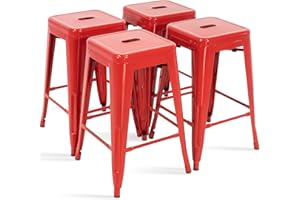 MFD LIVING 24 Inch Metal Bar Stools,Counter Height Bar Chair,Indoor Outdoor Backless Kitchen Stools Set of 4,Red