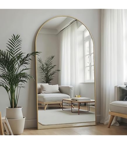 Full Length Floor Mirror – 44x72 Inch, Arched Gold Frame, Standing Or Wall Mount, HD Glass