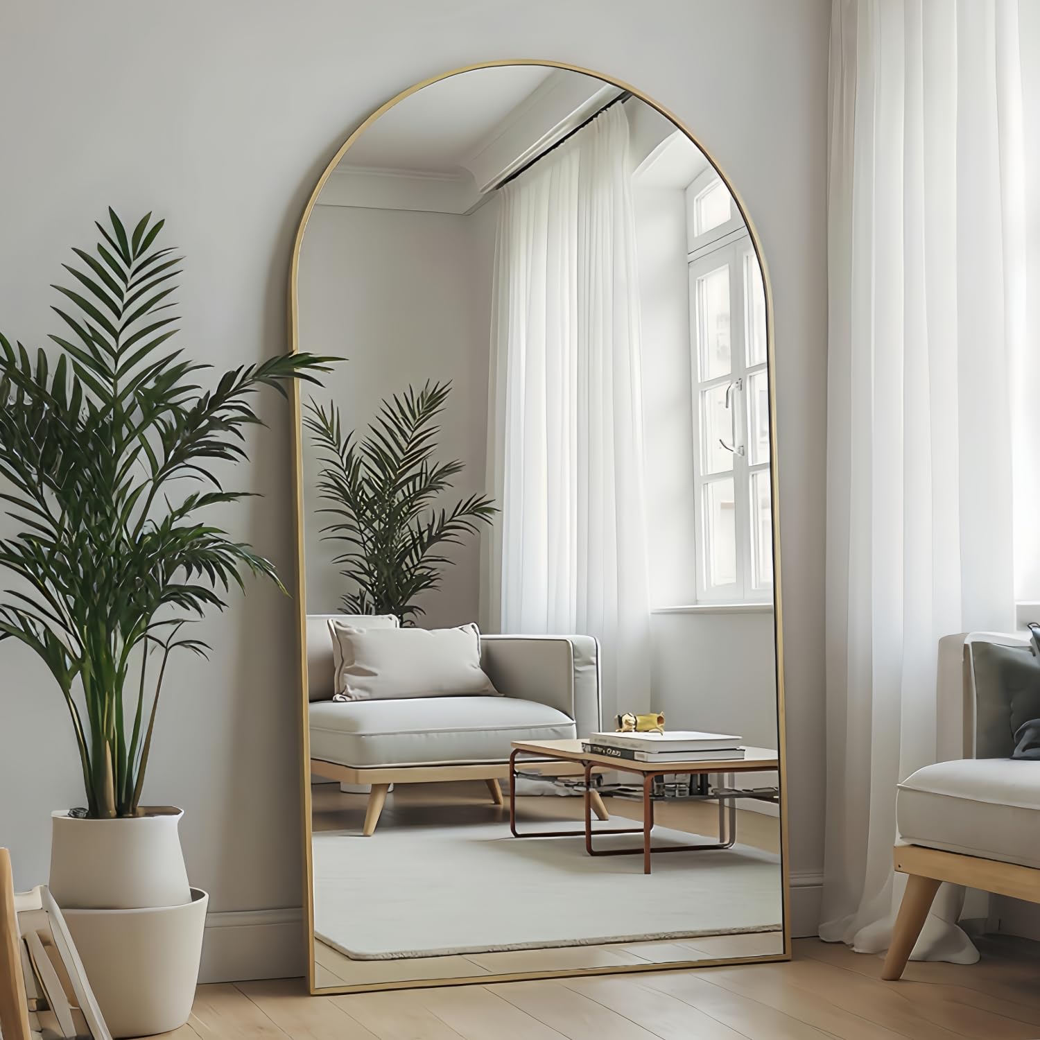 Photo 1 of ***Broken Glass*** Dewfig Arched Full Length Mirror, 76"x34" Large Floor Mirror, Full Body Mirrors for Leaning or Hanging, Standing Mirrors for Bedroom, Living Room,Dressing Room, Aluminum Alloy Frame, Gold