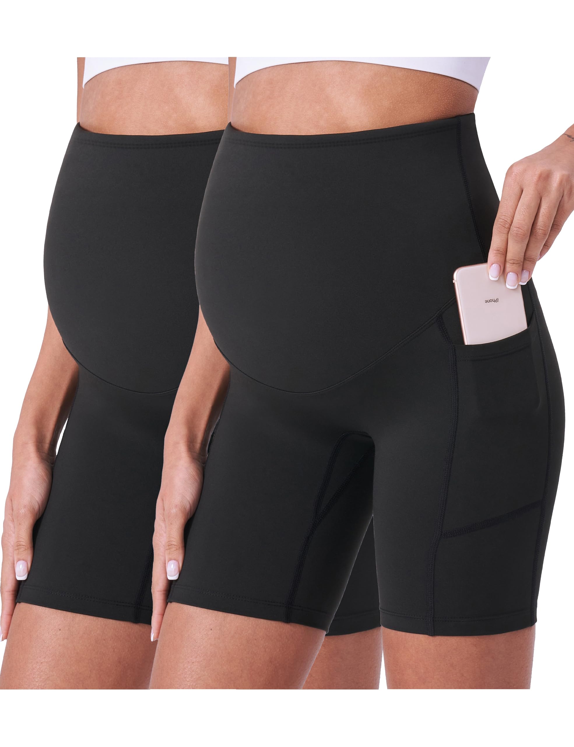 Photo 1 of ***missing one***POSHDIVAH Women's Maternity Shorts Over The Belly Biker Yoga Active Pregnancy Workout Short Pants with Pockets 2PCS Black 8" Medium