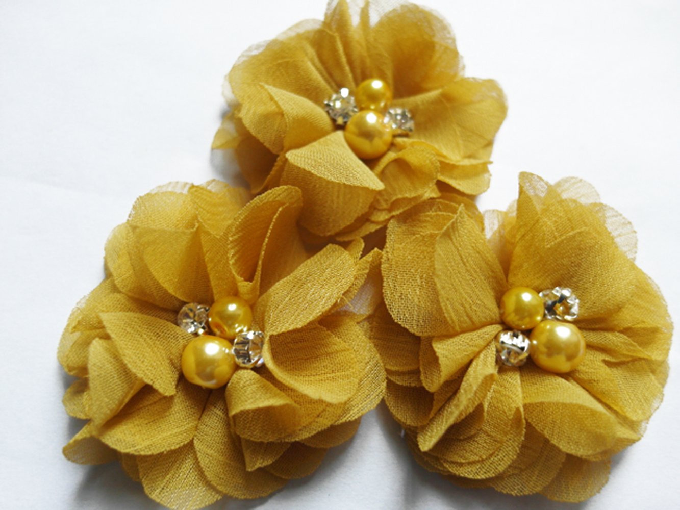 YYCRAFT Pack Of 20 Pieces Chiffon 2" Flower Rhinestone Pearl for craft projects-Mustard Yellow