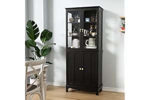 ARTPOWER 72" Freestanding Kitchen Pantry Storage Sideboard, Classical Tall Cabinet with Glass Door and Adjustable Shelves for Kitchen, Livingroom and Dining Room, Black