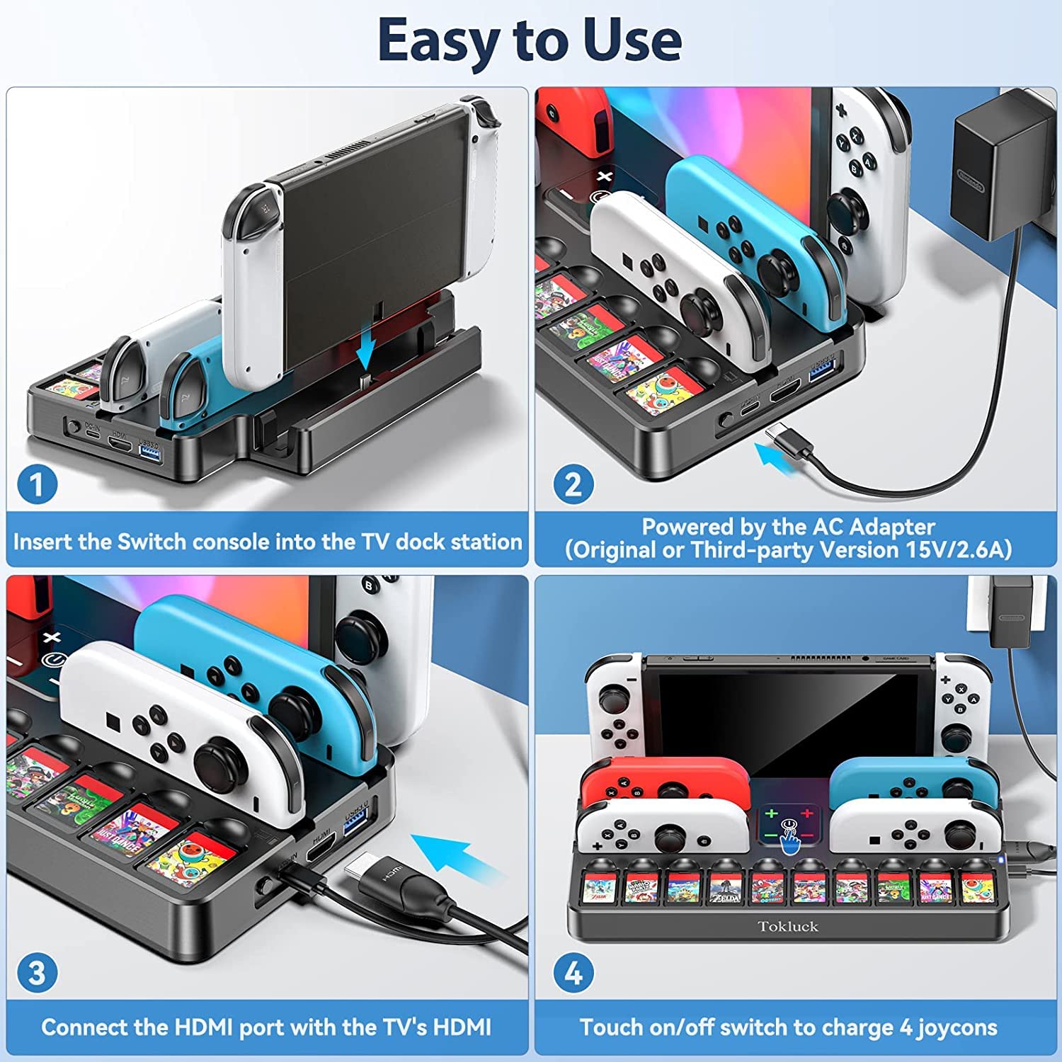 Switch Docking Station for TV with Controller Charger, Replacement for Switch TV Dock with HDMI Adapter, SW Base Station Portable Charging Dock with 10 Game Slots NES Console