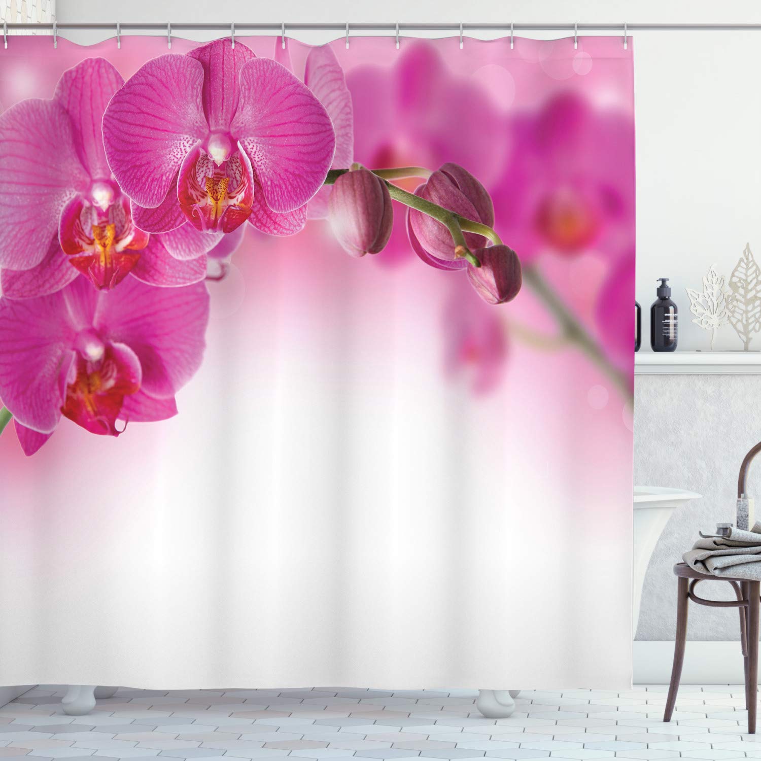 ABAKUHAUS Spa Shower Curtain, Blossoming Orchid Branch Exotic Nature with Feng Shui Elements Spa Garden Botany, Cloth Fabric Bathroom Decor Set with Hooks, 94 Inches, Multicolor