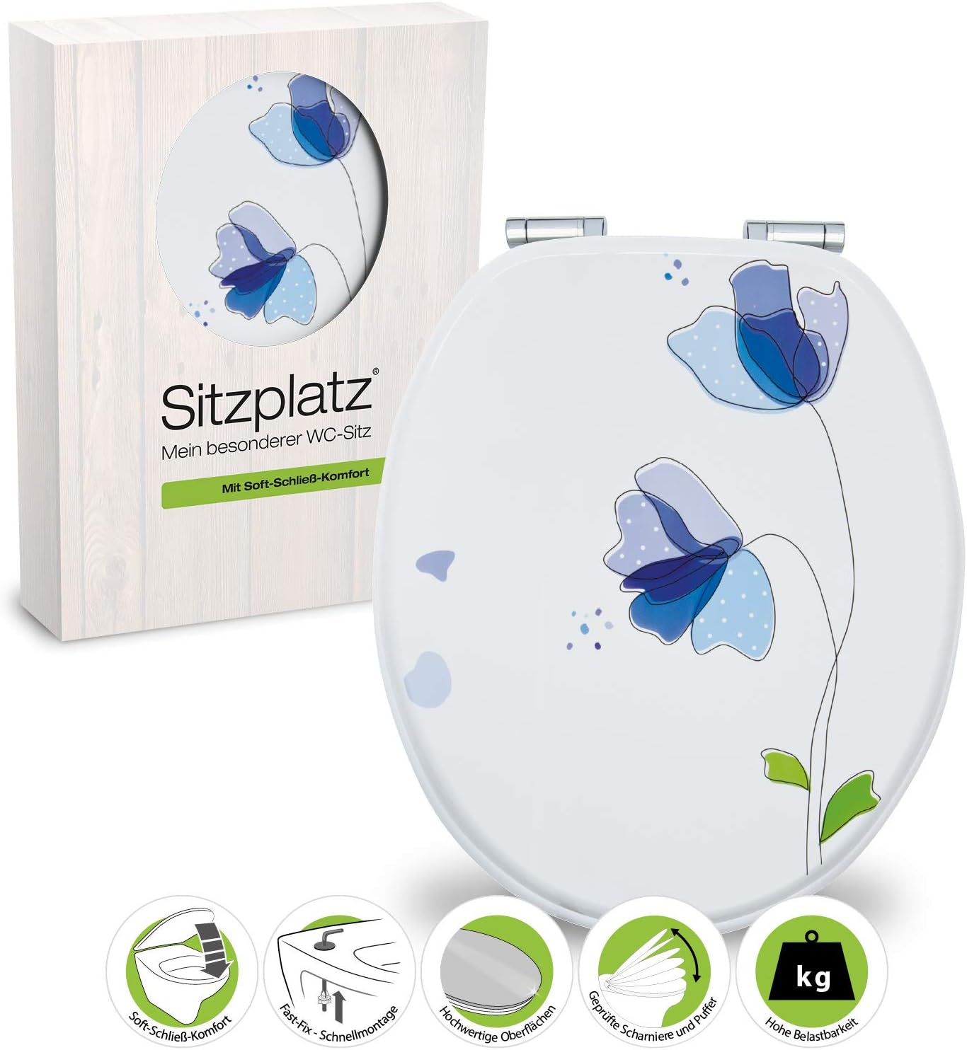 Sitzplatz Flora Blue Toilet Seat with Soft-Closing/Fast Fix Mechanisms and 5