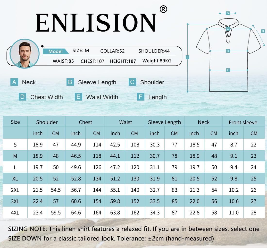 Enlision Herren Hemd Kurzarm Schwarz Baumwolle Leinenhemd Leichtes Sommerhemd Ohne Kragen Freizeithemden für Herren Henley Shirt Regular Fit L 6