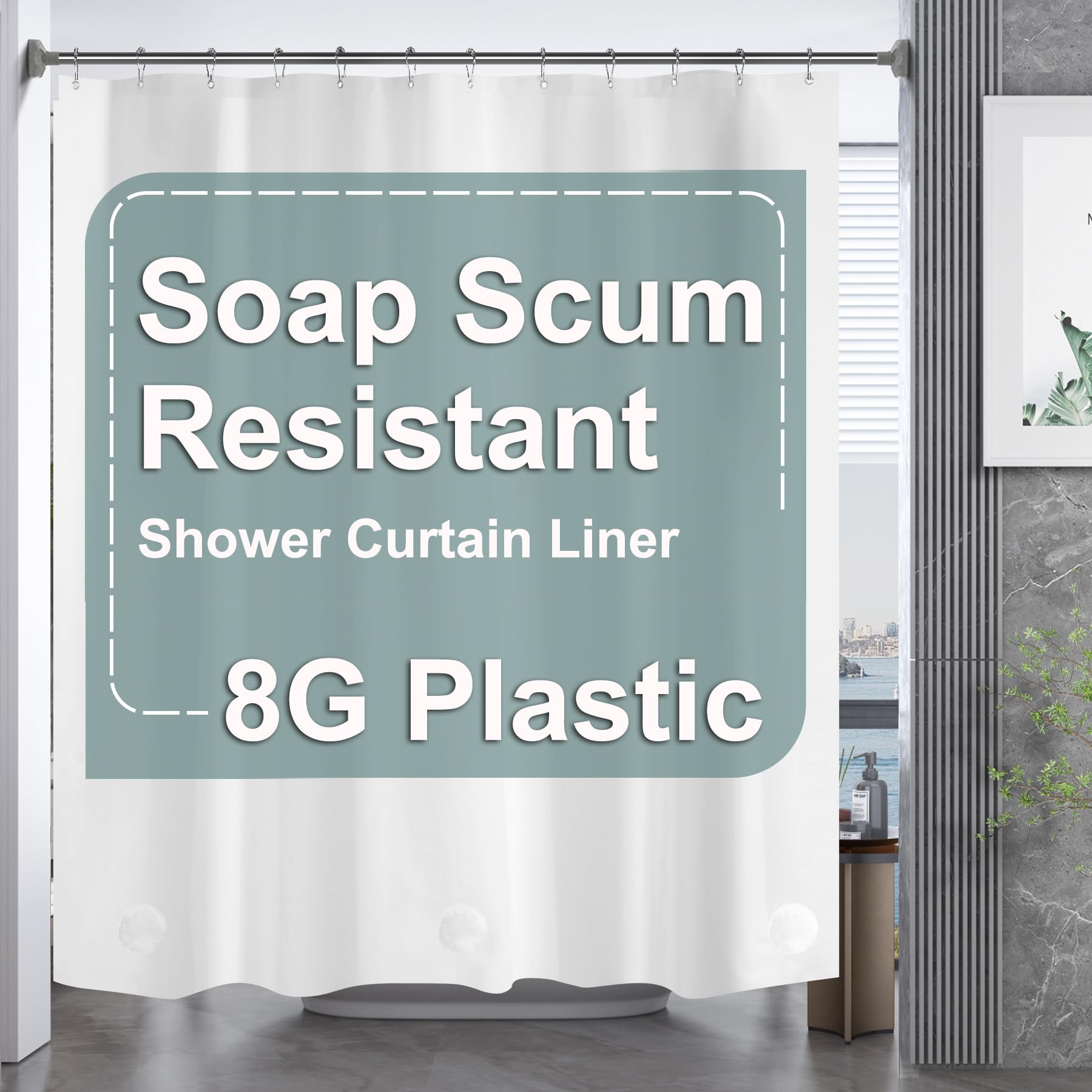 Photo 1 of AmazerBath White Shower Curtain Liner, 70 x 72 Inches EVA 8G Heavy Duty Plastic Shower Curtain Liner, Waterproof Weighted Thick Bathroom Curtain with 3 Clear Weights and 12 Rustproof Grommet Holes