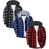 ZITY 3 Pack Men's Flannel Hoodie Shirts Long Sleeve Casual Vintage Button Down Plaid Shirt Jacket with Pocket