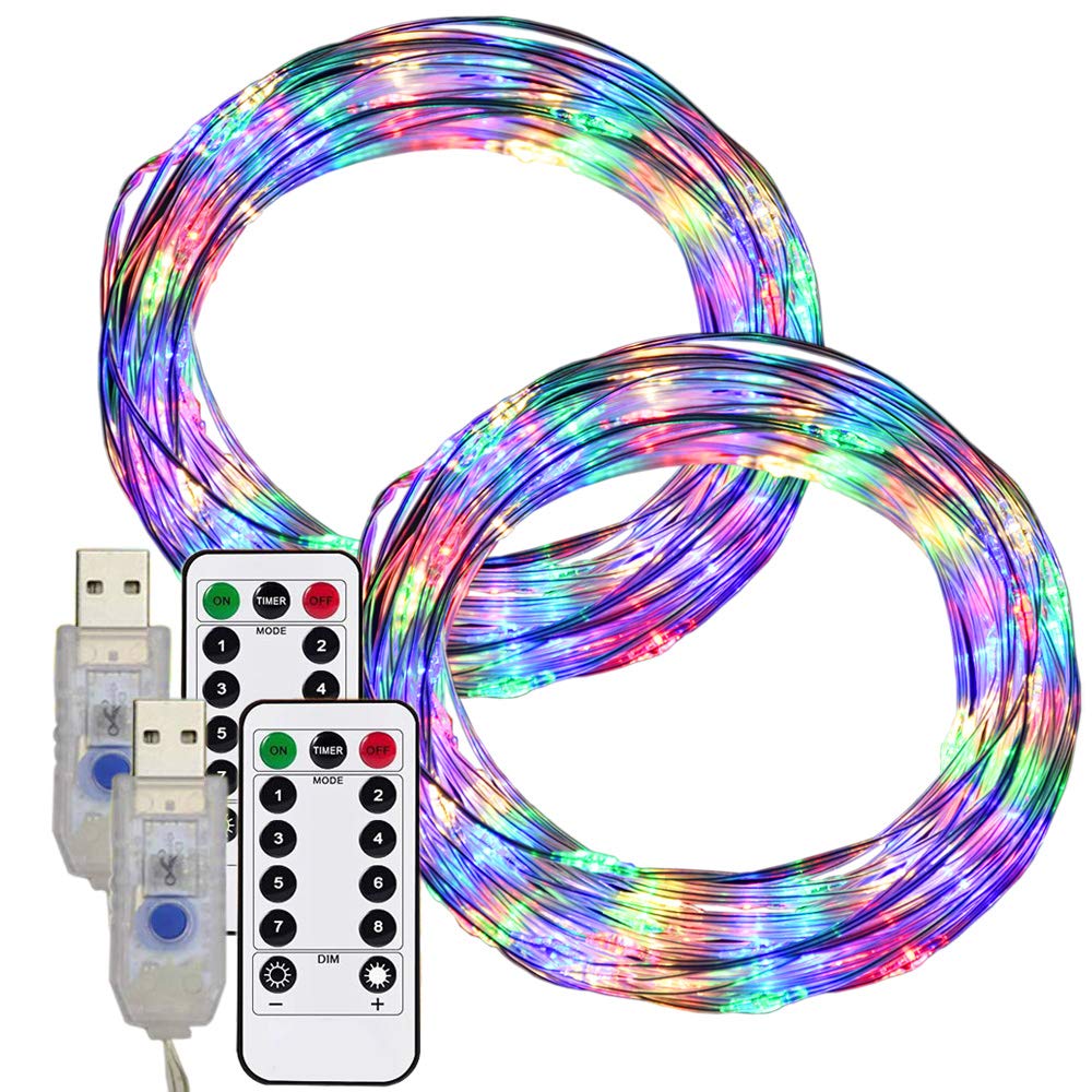 RcStarry 33FT/10m LED Wire String Lights 100 LEDs USB Powered, Outdoor LED String Lights, IP65 Waterproof Fairy Lights with Remote for Tree Bedroom Christmas Garden Decoration, 2 Pack (Multicolor)