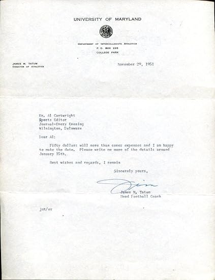 Big Jim Tatum Signed Tls Letter Autographed Maryland