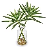 GnFlus Artificial Plants Stems in Glass Vase with Faux Water,Fake Silk Plant Dracaena Leaves for Centerpiece Table Decorations Farmhouse Wedding Home Greenery Decor (Green and White)