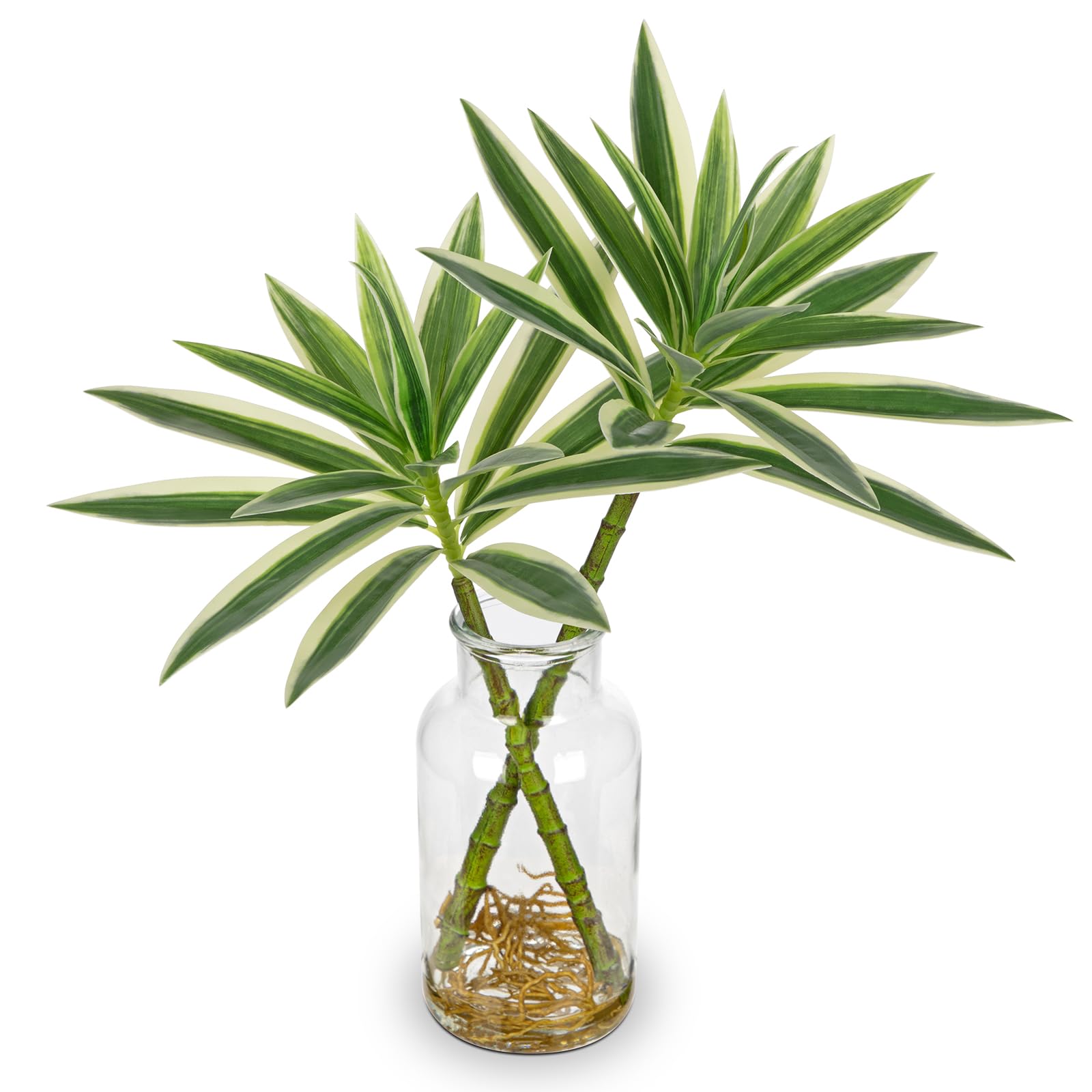 Photo 1 of Artificial Plants Stems in Glass Vase with Faux Water,Fake Silk Plant Dracaena Leaves for Centerpiece Table Decorations Farmhouse Wedding Home Greenery Decor (Green and White)