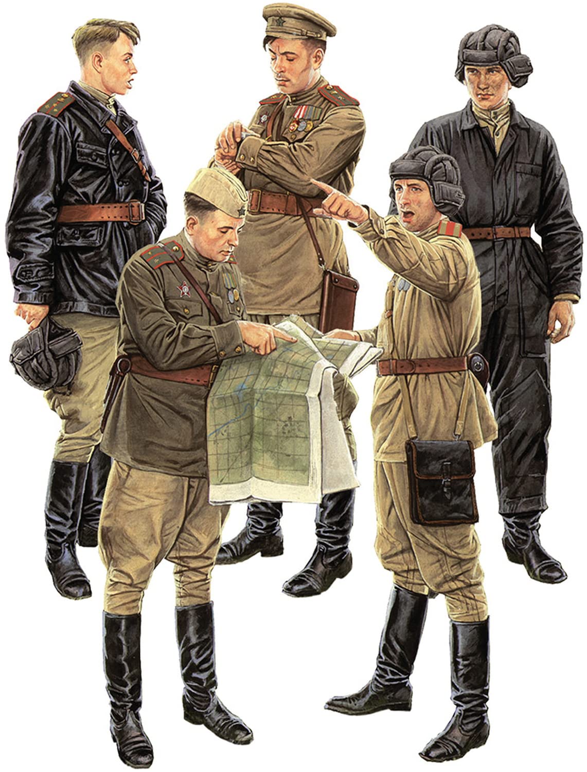 Miniart 1:35 -Soviet Officers at Field Briefing - Special Ed, Molded Color