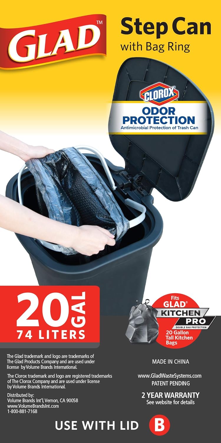 GLAD 75L Extra Capacity Plastic Step Can with CloroxTM Odor Protection | Fits All 20 Gallon Trash Bags, 75 Liter, Matte Black: Home & Kitchen