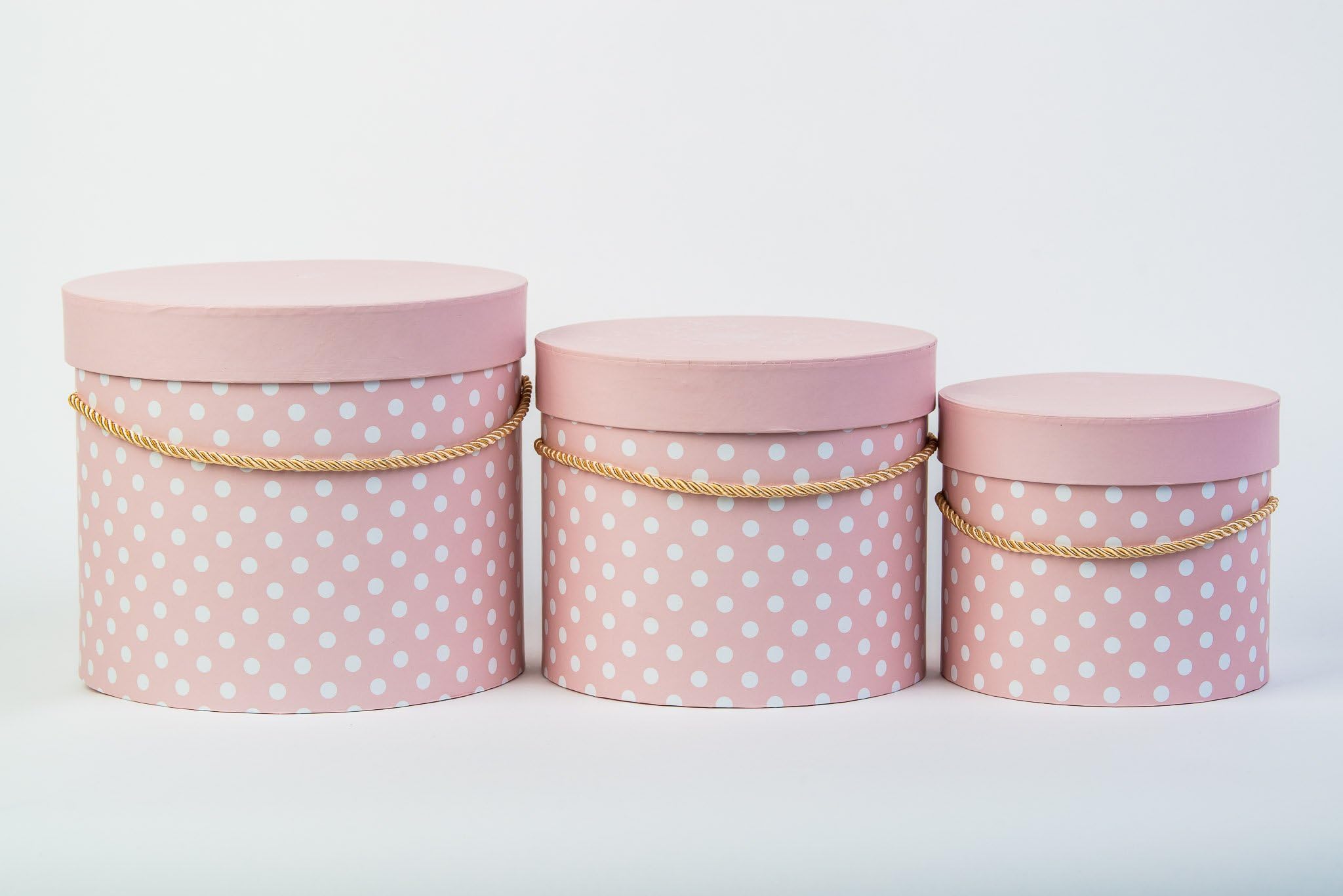 Set of 3 Flower Polka Dot Gift Box with Gold Decorative Hat Box, Storage Box with Plain Lead Cord - pink