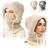 3 in 1 Beanie Hat for Women, Womens Balaclava Winter, Upgraded 3-in-1 Cold Knitted Hats Wind Resistant Hooded Scarf