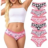 Solblo Women's Gothic Lace Hipster Panties 5~6Pack:Skull Rose Halloween Print,Pink Low Rise Bikini Soft Comfy Sexy Underwear