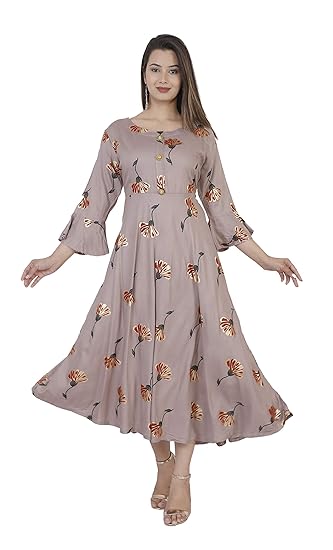 Women's Rajasthani Floral Print Rayon Material Rayon Kurtis Length Straight 3/4 Sleeve Light Dark Grey Color