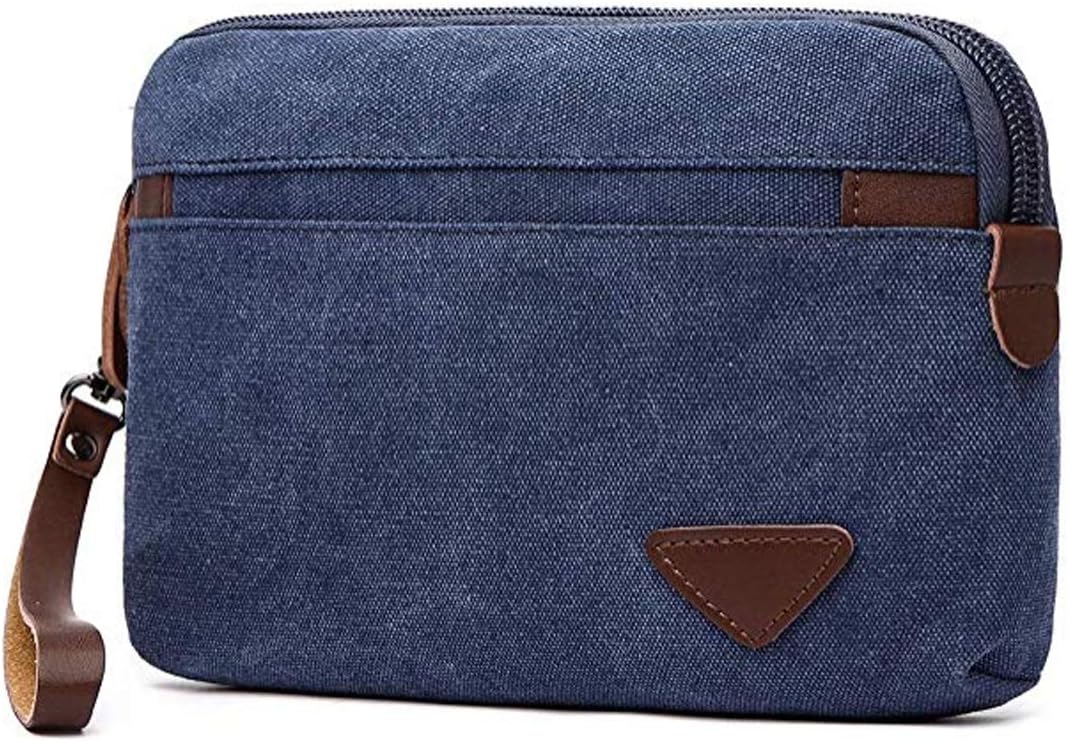 Canvas Wristlet Bag Large Clutch Bag Wallet Purse Zipper Pouch Handbag Organizer with Leather Strap for Men (Blue)