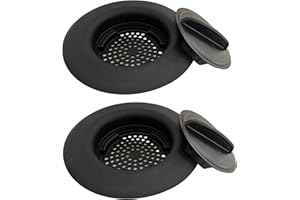 AGILUX Flex Strainer Kitchen Sink Strainer Basket Replacement and Drain Stopper Plug, 2N1, fits 3-1/2” drains, 5-1/4” Diameter, USA Made Black 2Pk