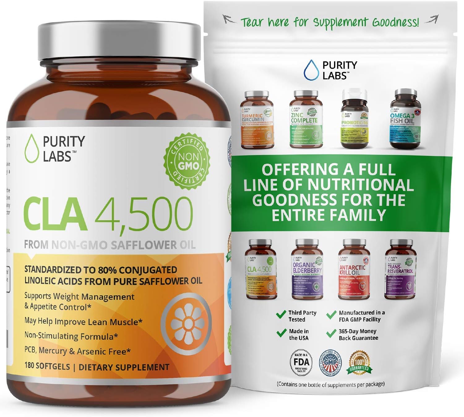 Purity Labs CLA 4,500MG Safflower Oil Number One Weight Loss Fat Burner Supplement 180 Softgels Non-GMO & Gluten Free Conjugated Linoleic Acid Pills Belly Fat Burner: Health & Personal Care